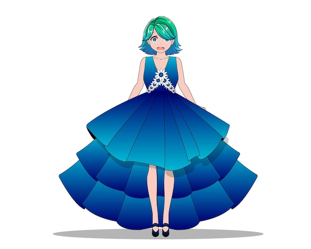 Vector una chica con un vestido azul con un patrón azul y blanco.