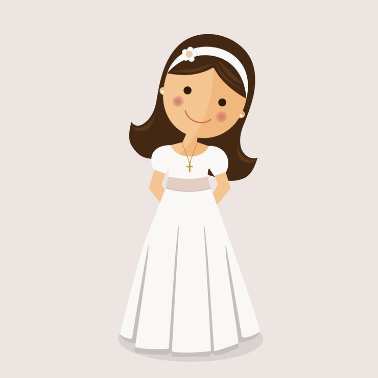 Vector chica con vestido de comunión sobre fondo ocre