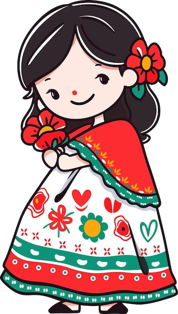 Una chica con un vestido rojo al estilo mexicano.
