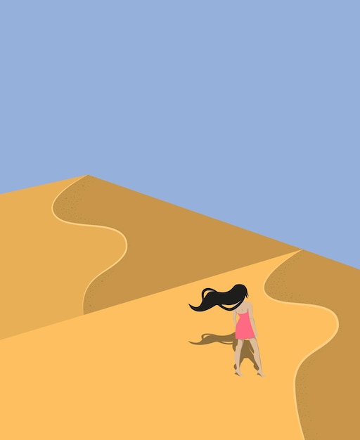 Chica en vestido rosa camina a lo largo de dunas sandvector ilustración