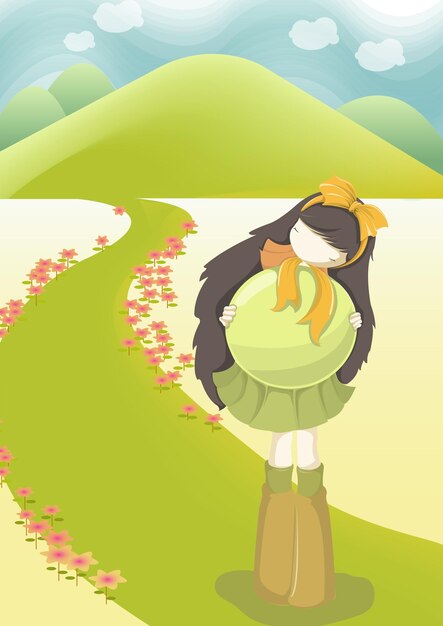 Vector una chica con un vestido verde y una bufanda amarilla está parada en una colina verde.