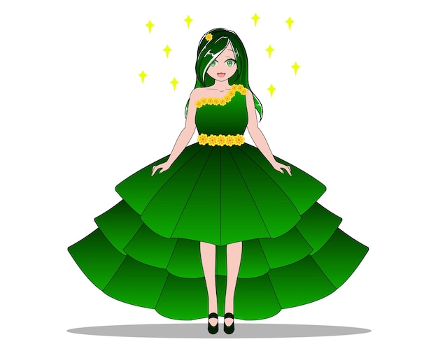 Vector una chica con un vestido verde con una flor.