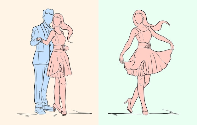 Chica con vestido y zapatos. un chico de traje y una chica de vestido. moda. estilo de línea. ilustración de vector de diseño y decoración.