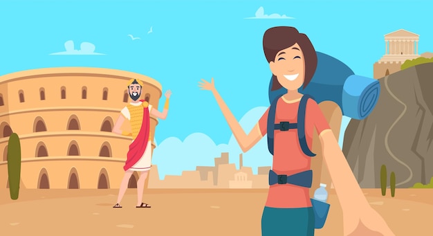 Chica de viaje hace selfie en roma nueva realidad reabrir turismo vacaciones en italia ilustración de vector de dama feliz