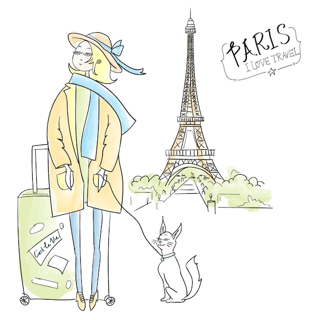 Chica viajera dibujada a mano en la ilustración vectorial de París