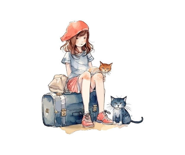 Chica viajera con un gato Diseño de ilustraciones vectoriales