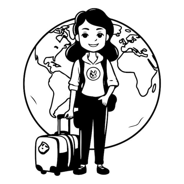 Vector chica viajera con maleta y mapa del mundo icono ilustración vectorial diseño gráfico