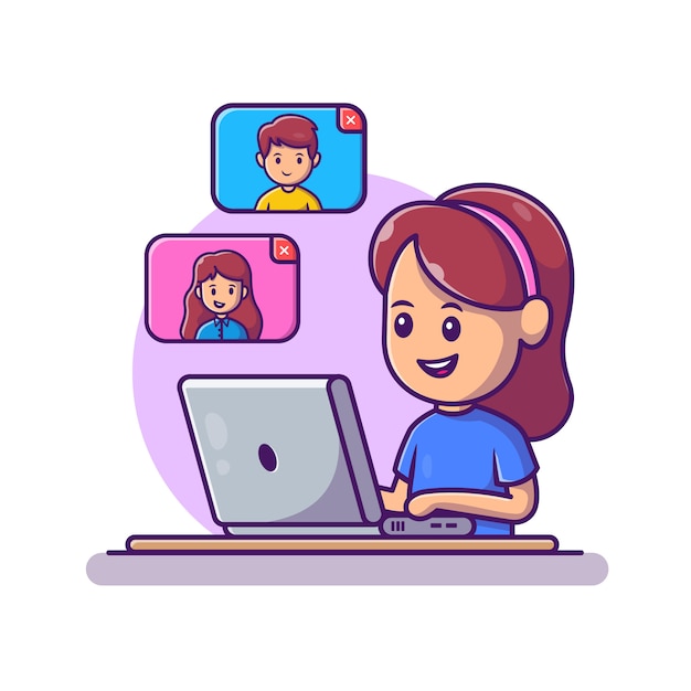 Chica Video Call Laptop Ilustración. Trabajar desde casa mascota personaje de dibujos animados. Personas aisladas