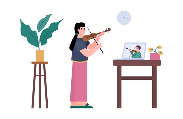 Chica con video tutorial para tocar instrumentos musicales online lección música violín