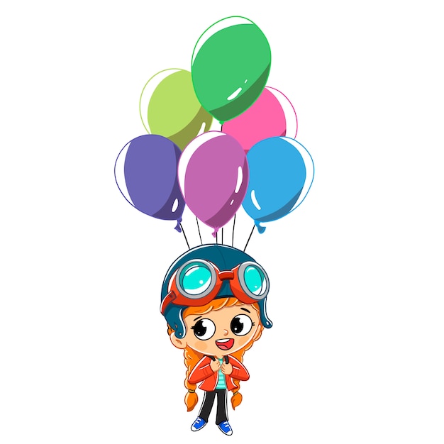 Vector chica volando con globos. ella está vestida de aviador.