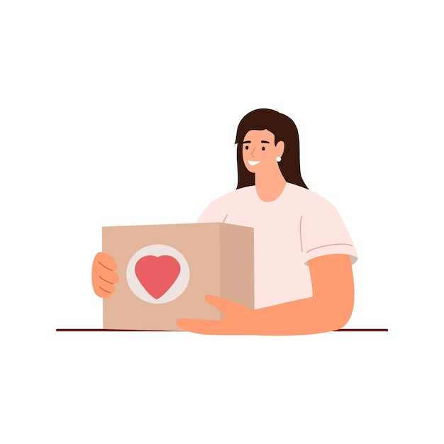 Chica voluntaria sosteniendo caja de comida Concepto de ayuda atención social apoyo voluntario para personas pobres Ilustración de vector plano de dibujos animados