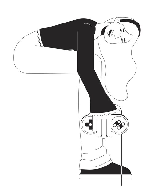 Chica de Y2K con cabello largo y rubio sosteniendo un controlador de juego en blanco y negro personaje de línea 2D