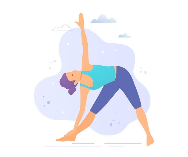 Chica de yoga en una ilustración de vector de parque. Estilo de vida saludable.