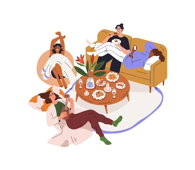 Chicas amigas reuniéndose relajándose juntas en casa mujeres felices en la fiesta de soltera descansando en el sofá comiendo comida bebiendo hablando ilustración gráfica vectorial plana aislada sobre fondo blanco