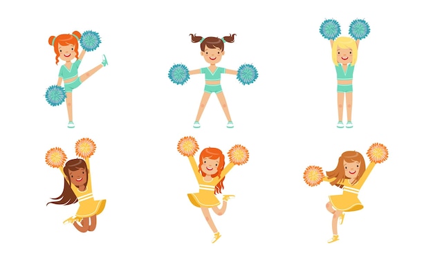 Chicas animadoras bonitas que bailan junto a chicas sonrientes que bailan con pompones durante una competencia deportiva Ilustración vectorial