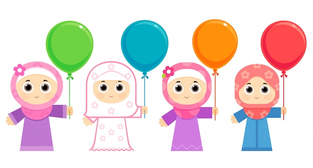 Chicas árabes celebrando eid, vistiendo hijab y llevando globos de colores