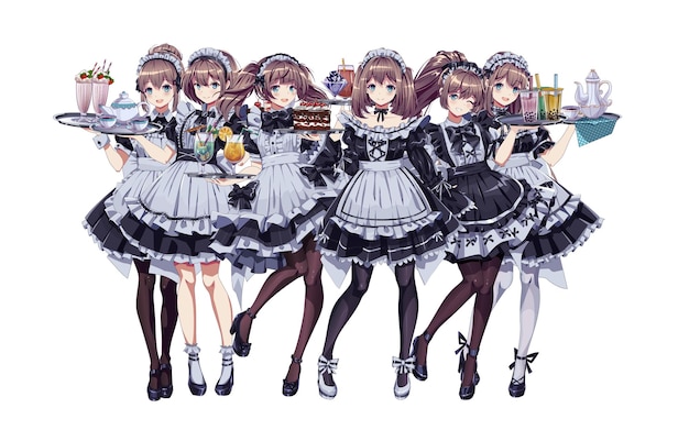 Vector chicas bonitas en trajes de camarera de café personajes vectoriales de color