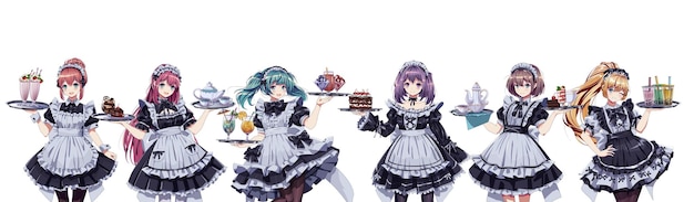 Chicas bonitas en trajes de camarera de café personajes vectoriales de color