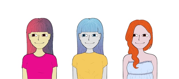 Chicas con cabello diferente y ropa de diferentes colores dibujos animados de línea de garabato