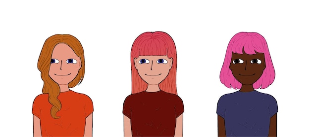 Vector chicas con cabello diferente y ropa de diferentes colores dibujos animados de línea de garabato