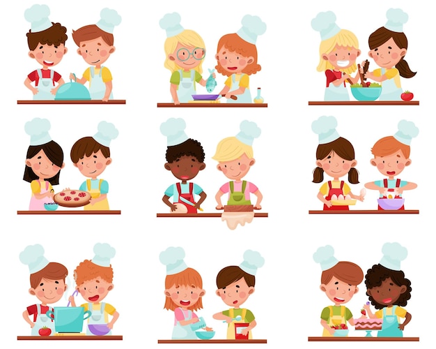 Chicas y chicos simpáticos, personajes de chefs con delantal y sombrero, horneando y haciendo ensaladas. Ilustración vectorial