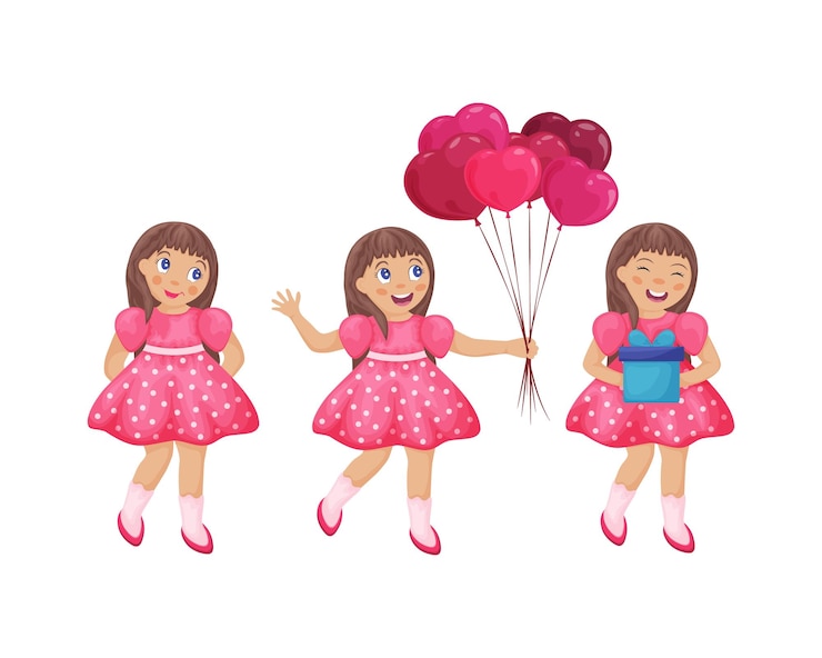 Vector chicas de dibujos animados un conjunto de tres chicas con diferentes emociones una chica tímida una chica con regalos y globos
