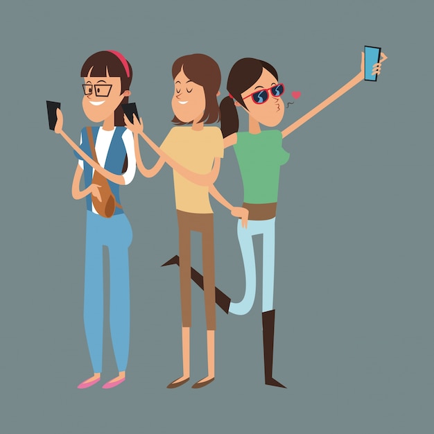 Chicas de dibujos animados con el icono de teléfono inteligente