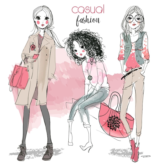 Chicas de dibujos animados de moda lindo en estilo incompleto