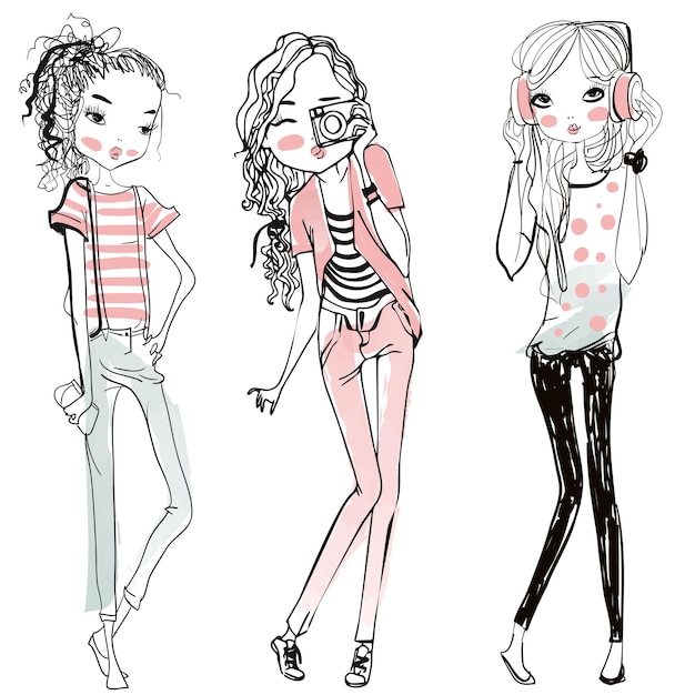 Vector chicas de dibujos animados de moda lindo en estilo incompleto