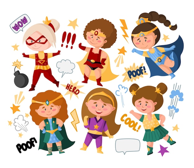 Vector chicas de dibujos animados de superhéroes en super disfraces, bocadillos, signos, conjunto aislado