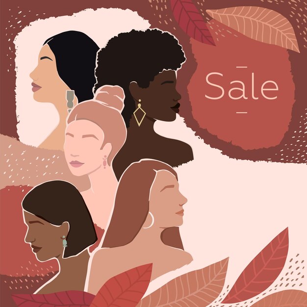 Chicas de diferentes razas juntas vector moderno otoño ilustración plana con hojas