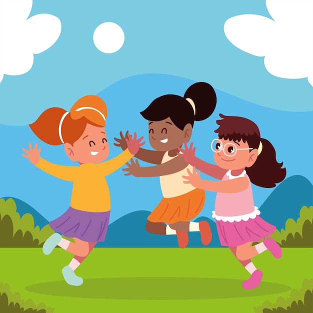 Vector chicas divertidas jugando dibujos animados al aire libre