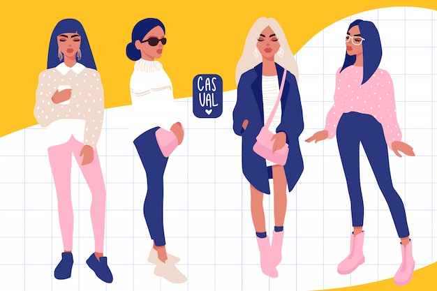 Vector chicas con estilo en ropa de moda aislado en blanco