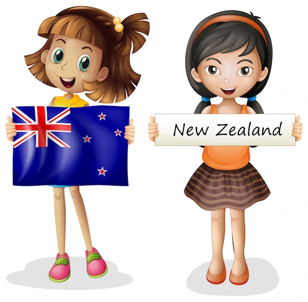 Vector chicas felices con la bandera de nueva zelanda