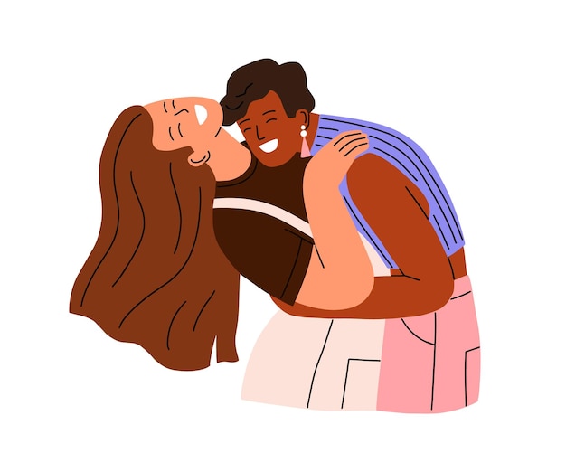 A las chicas felices les encanta la pareja riendo, abrazándose. Las mujeres LGBT se divierten, alegría. Amigas lesbianas. Amigas alegres en una relación romántica. Ilustración vectorial plana aislada sobre fondo blanco.