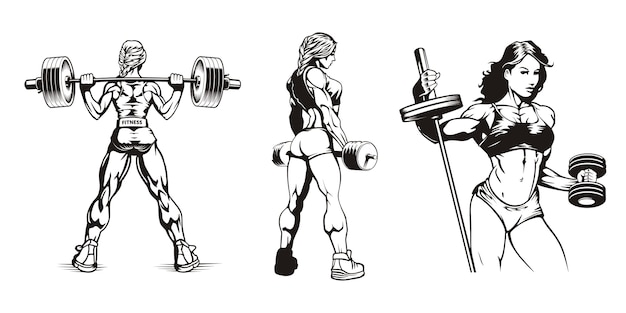 Chicas de fitness, jóvenes musculosas hermosas con pesas, conjunto de ilustraciones