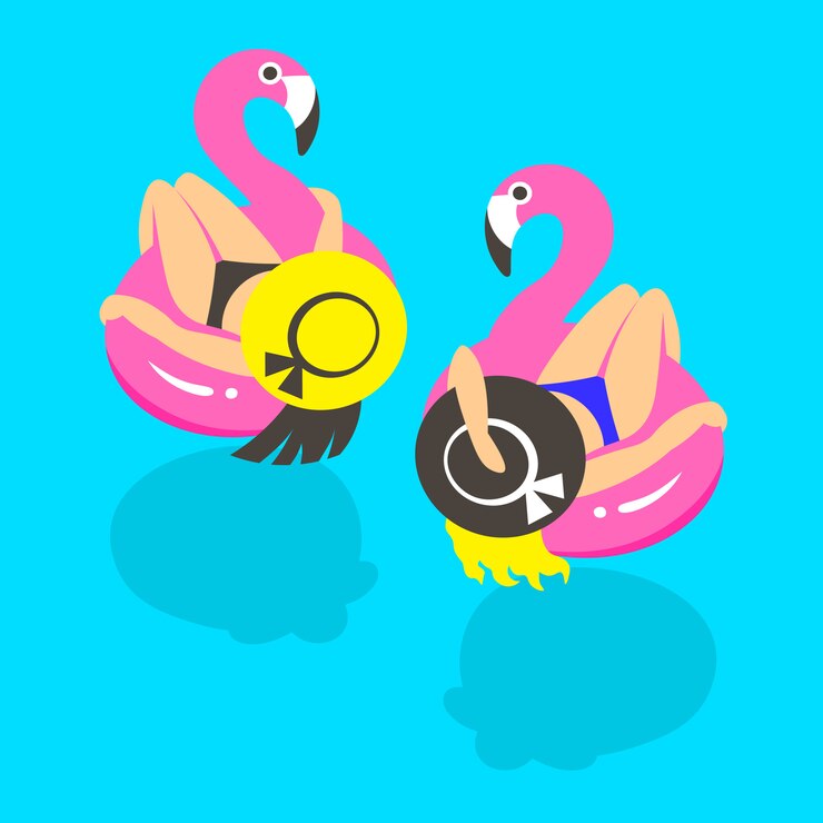 Vector chicas en un flamenco rosado inflable en verano de nada y descansa.