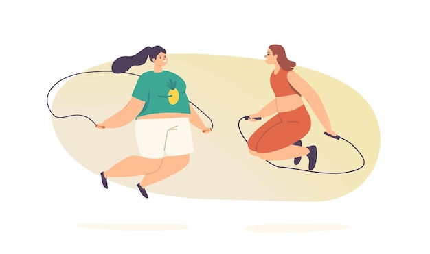 Chicas gordas en ropa deportiva participar en actividad física saltar con cuerda aislado sobre fondo blanco. Personajes de mujeres con sobrepeso Vida deportiva saludable, Clase de entrenamiento de entrenamiento de salto. Ilustración vectorial de dibujos animados