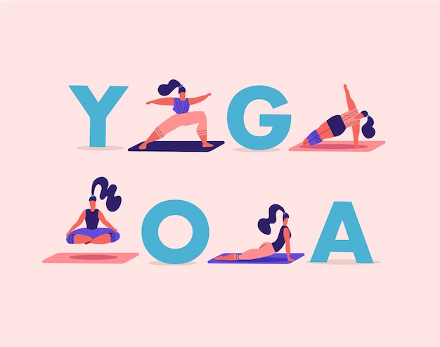 Vector chicas haciendo posturas de yoga y asanas. mujeres entrenando con letras grandes yoga.