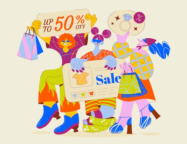 Las chicas hermosas de moda tienen carteles con descuentos pedidos de venta entrega de pago en línea
