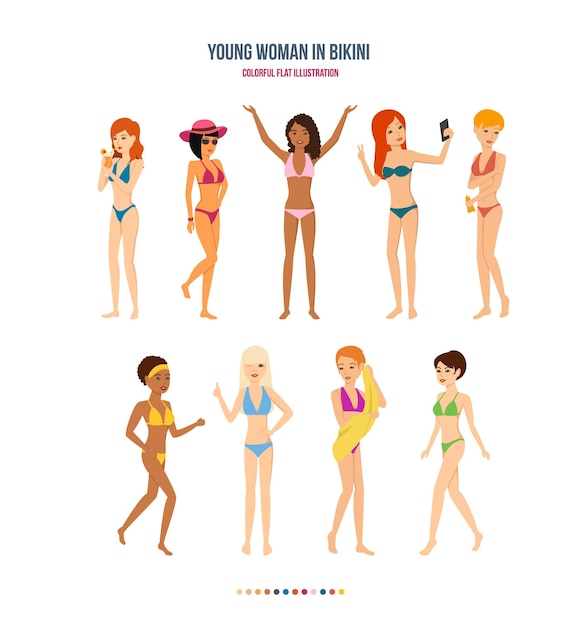 Vector chicas jóvenes bronceadas en ropa interior conjunto de personajes de verano