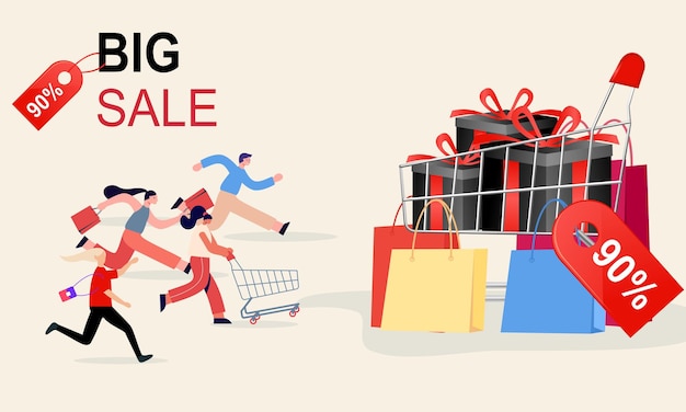 Chicas jóvenes corriendo para la venta grandes descuentos ilustración