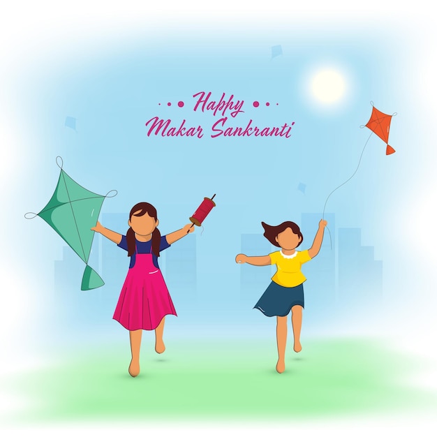 Chicas jóvenes sin rostro sosteniendo cometa con carrete de cuerda sobre fondo de sol azul y verde degradado para el concepto Happy Makar Sankranti