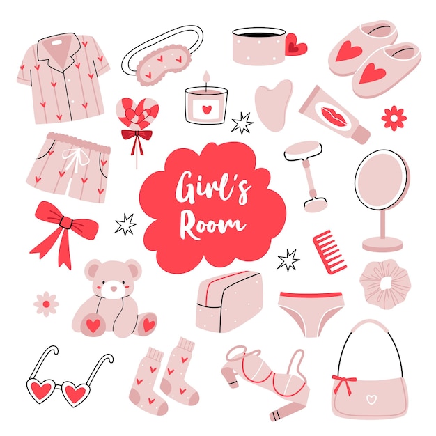 Chicas juego rosa cosas lindas en los corazones de una habitación de chicas pijama rosa máscara de sueño taza de vela arco de peluche
