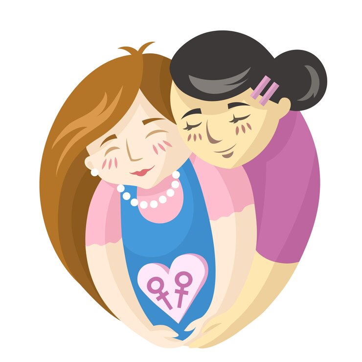 Vector chicas lesbianas enamoradas sosteniendo signos femeninos en el corazón en la ilustración de vector de fondo blanco
