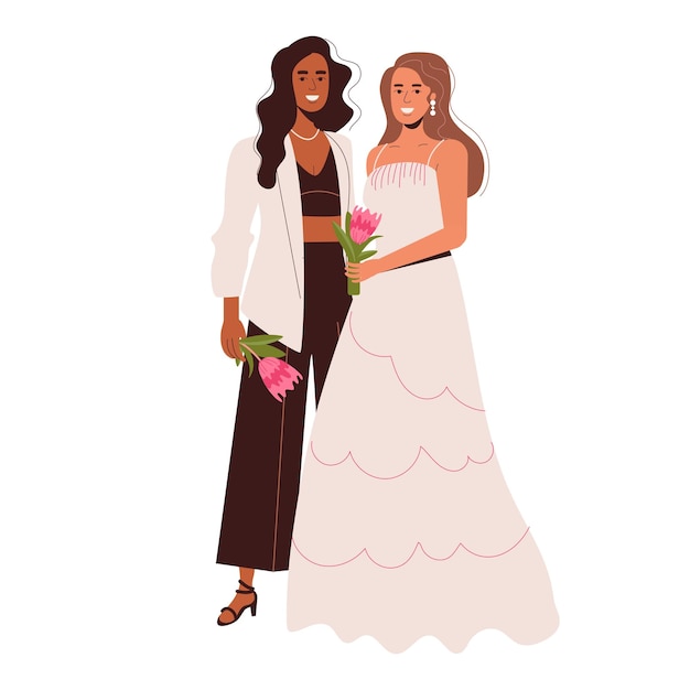 Vector chicas lesbianas enamoradas con traje y vestido blanco. ceremonia de boda lgbt con flores