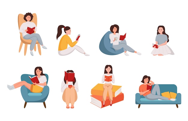 Vector chicas leyendo libros en diferentes poses.