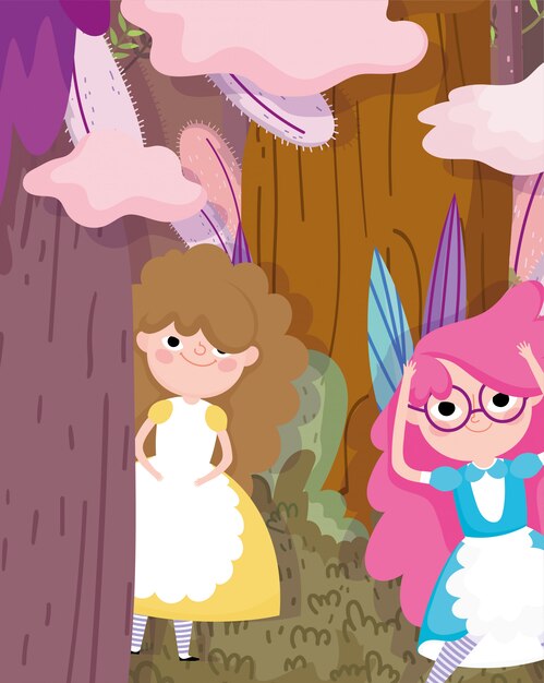 Chicas lindas en el bosque follaje de dibujos animados, personaje de niños