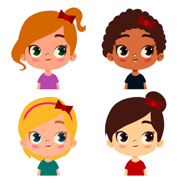 Vector chicas lindas de dibujos animados de diferente color de piel