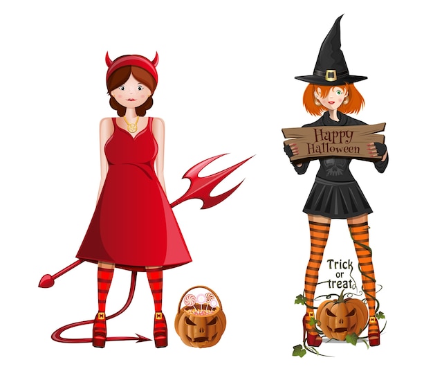 Chicas lindas en disfraces para halloween. una niña con un disfraz de bruja  y una niña con un disfraz de demonio. | Vector Premium
